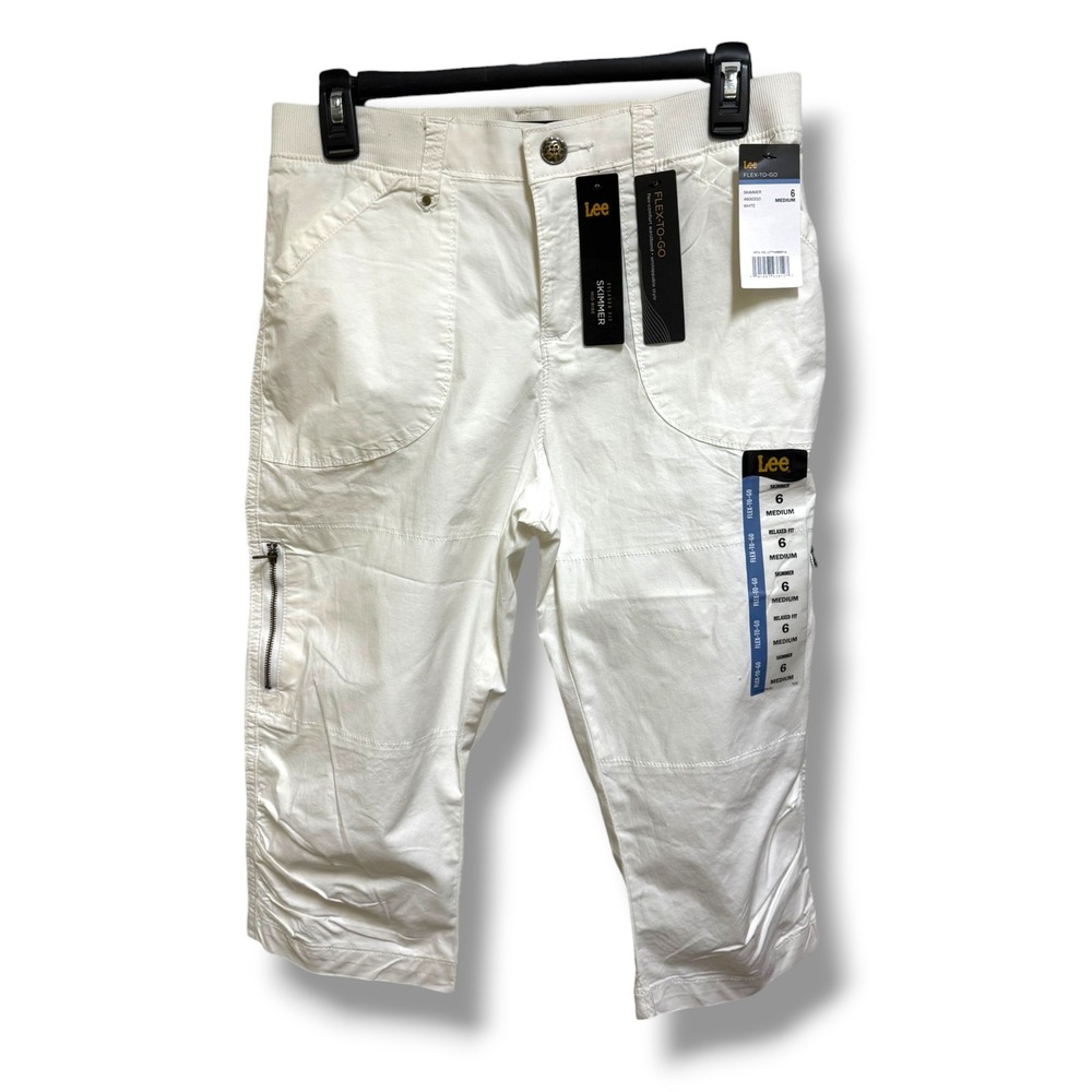Lee Flex-To-Go White Skimmer Capri Pants Cargo Mid Rise Relaxed Fit Womens 6 M